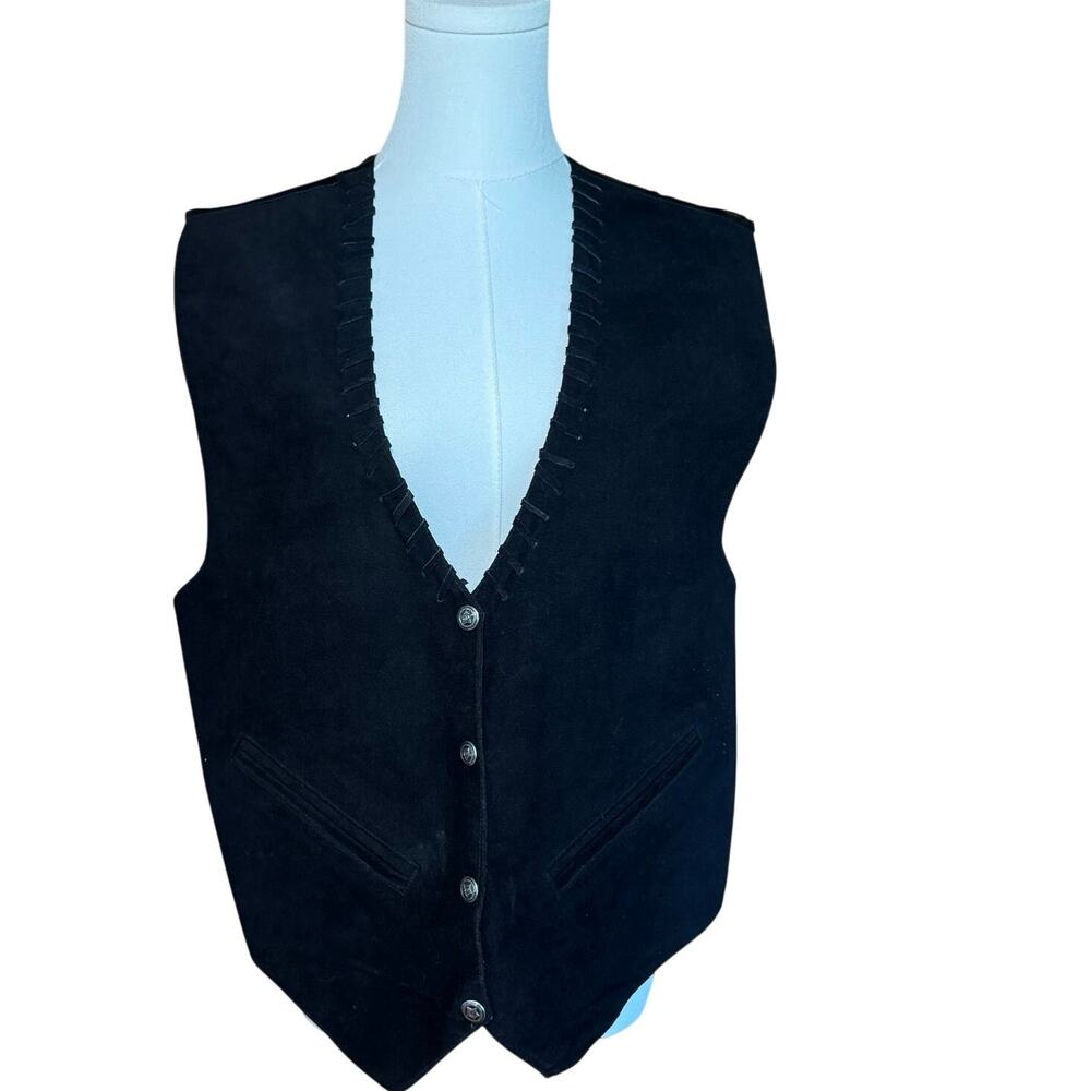 Vintage Mona Mode Black Suede Leather Vest Women’s L Western Braided